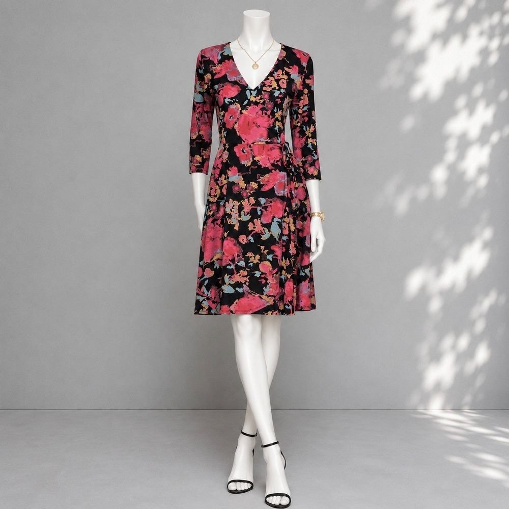 Peruvian Connection Floral Pima Cotton Modal Wrap Dress Pink Black Size M